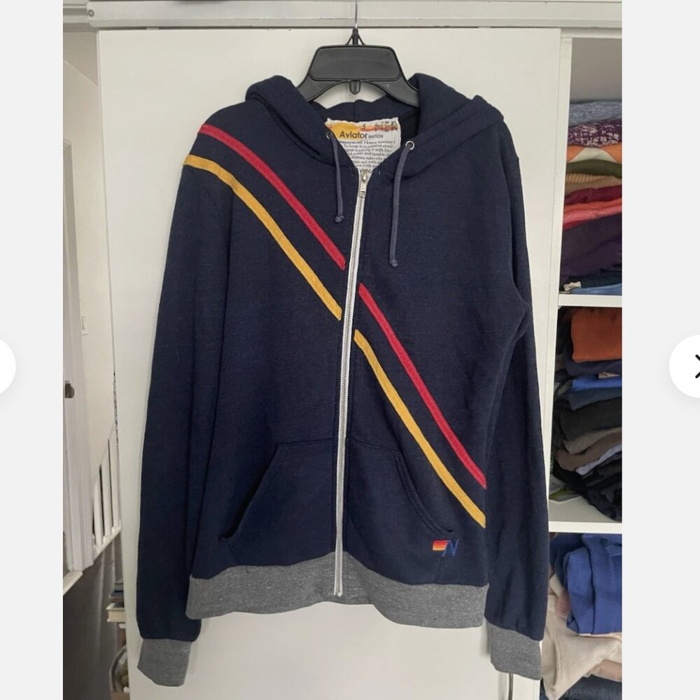 Aviator Nation Navy Zip Hoodie with Red and Gold Diagonal Stripes